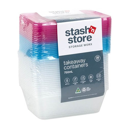 Container Takeaway Plastic Colour Lid 750ml 20pk