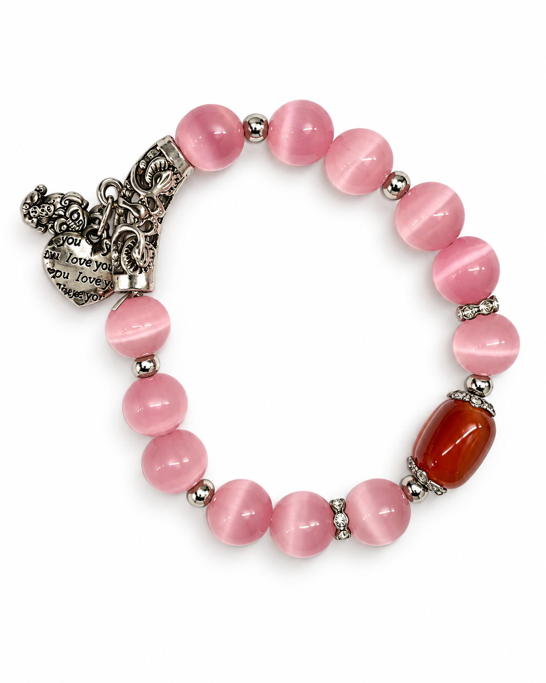 Pink Cat's Eye Bead Bracelet with Charms